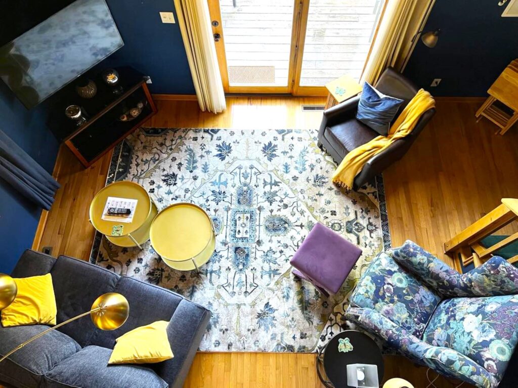 Arial view of the colorful living room at Vistaview!